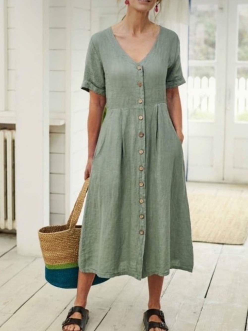 Woolovers 100% linen button front midi dress short sleeves and pockets 14